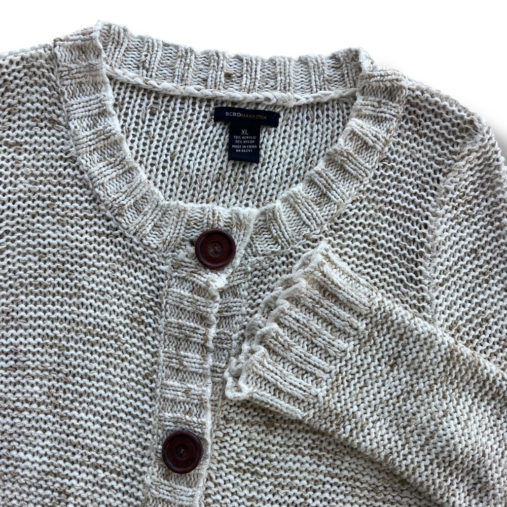 BCBGMAXAZRIA Women's XL Cream Tan Marled Chunky‎ Knit Button Front Boho Cardigan